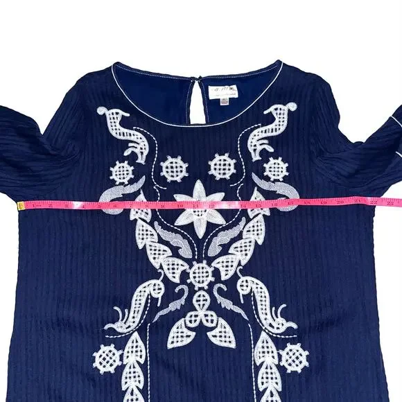 MSSP Max Studio Navy Blue White Embroidered Floral Marielle Mini Dress Size XL - Picture 10 of 13